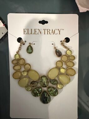 Ellen Tracy Green and Yellow Statement Necklace Set with Earrings